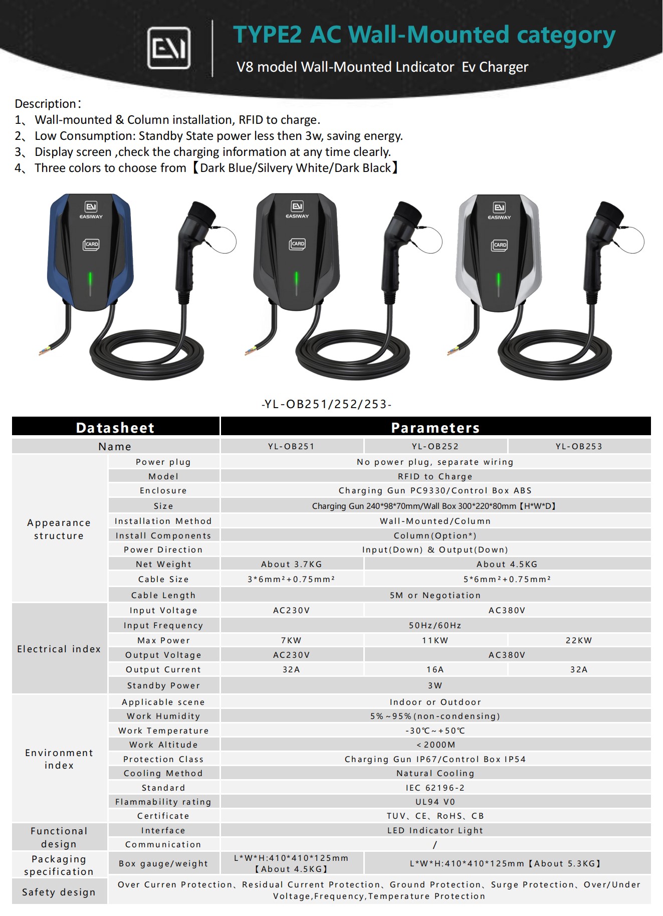Type 2 AC V8 model Wall-mounted indicator EV Charger