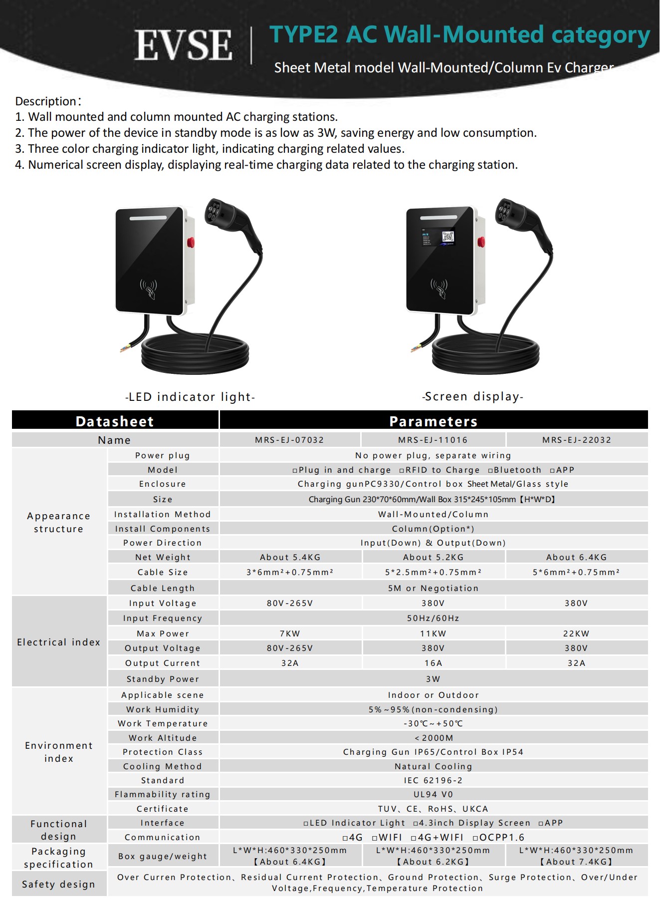 Type 2 AC sheet metal model Wall-mounted column EV charger